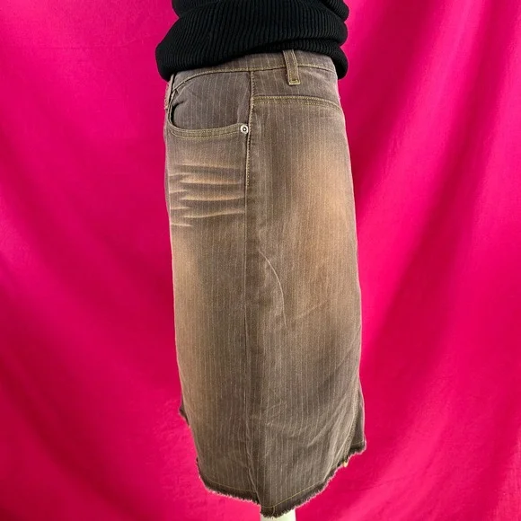 Y2K Vintage Hot Kiss Brown Pinstripe Denim Skirt Size 5 27 USA Mid Rise Raw Hem‎ - Picture 13 of 17